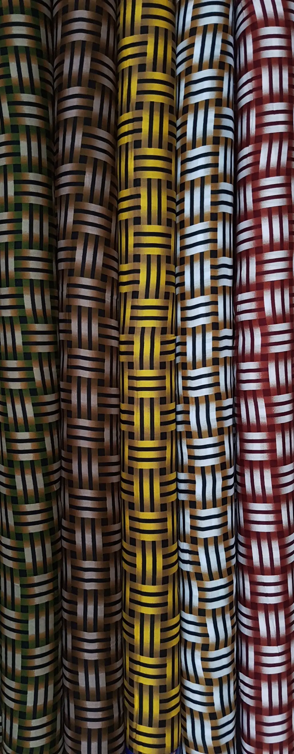 Geometric6 Collection, all colorways shown together. Short interlocking horizontal and vertical bars weave together into a tight basketweave checkerboard grid.