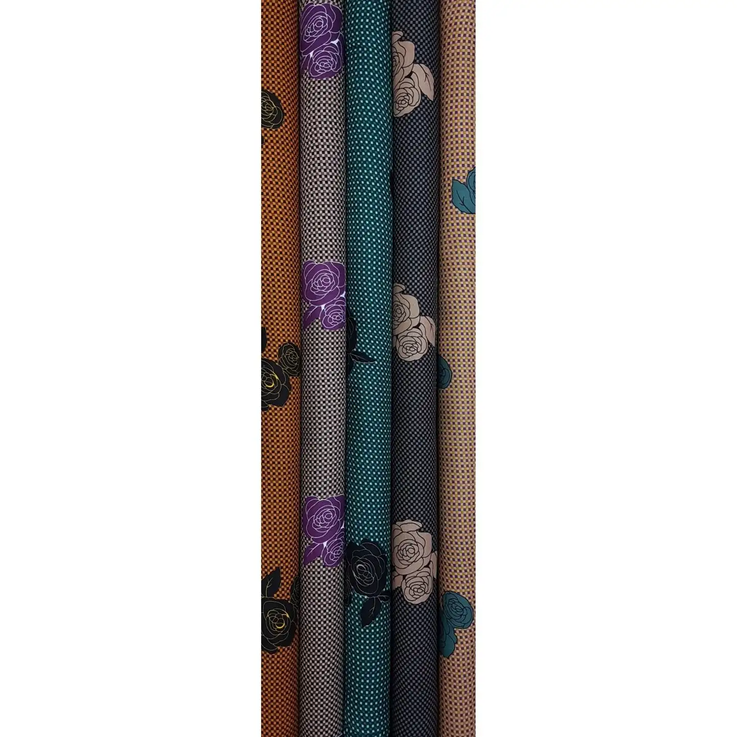 Floral13 Collection, all colorways shown together. Bold outlined roses with curling leaves scatter across a finely dotted, woven-texture ground.