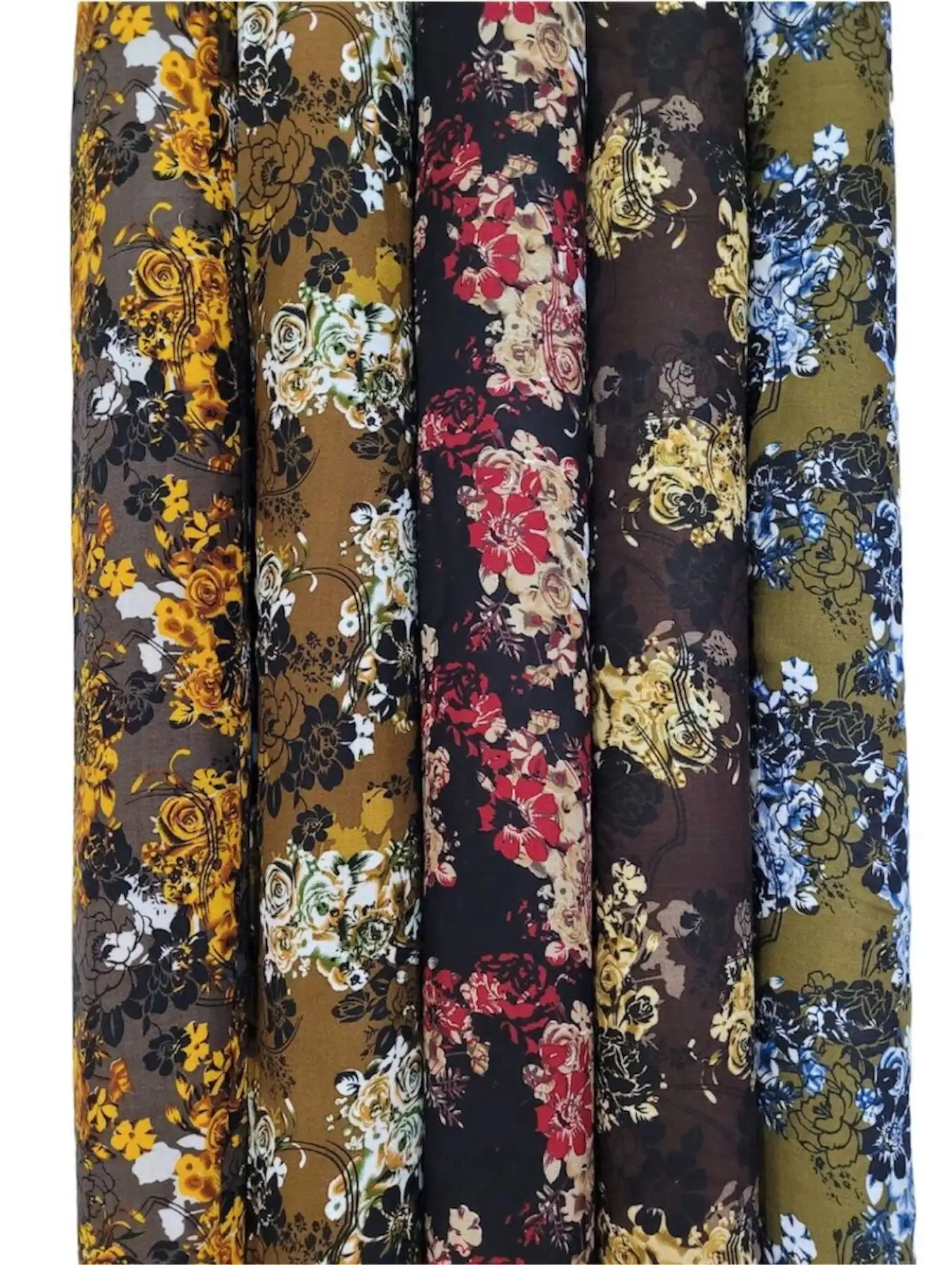 Floral10 Collection, all colorways shown together. Dense clusters of full-blown roses and small blossoms scatter across trailing leafy stems.