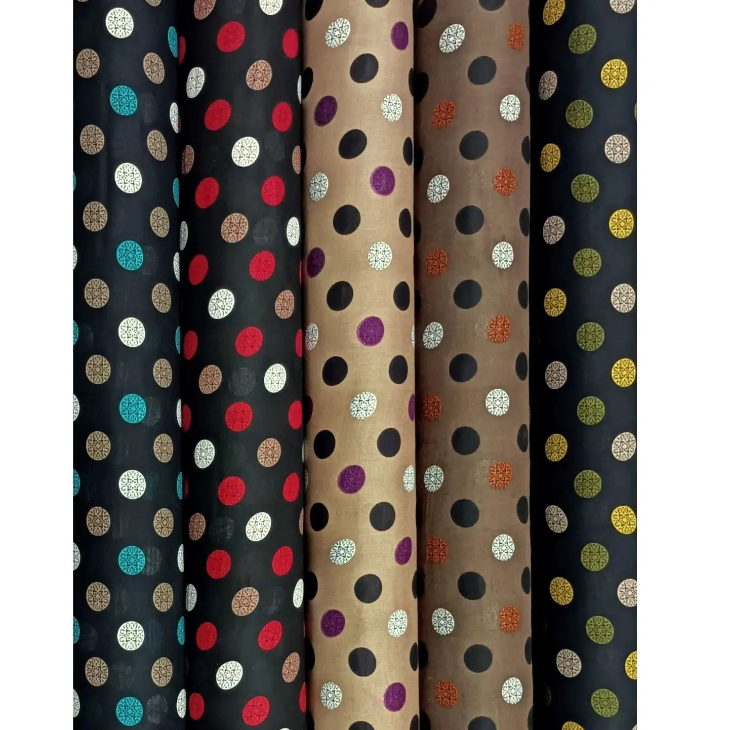 Stripes and Dots3 Collection, all colorways shown together. Evenly spaced polka dots in two sizes alternate between solid circles and dots filled with a fine snowflake-style starburst motif.