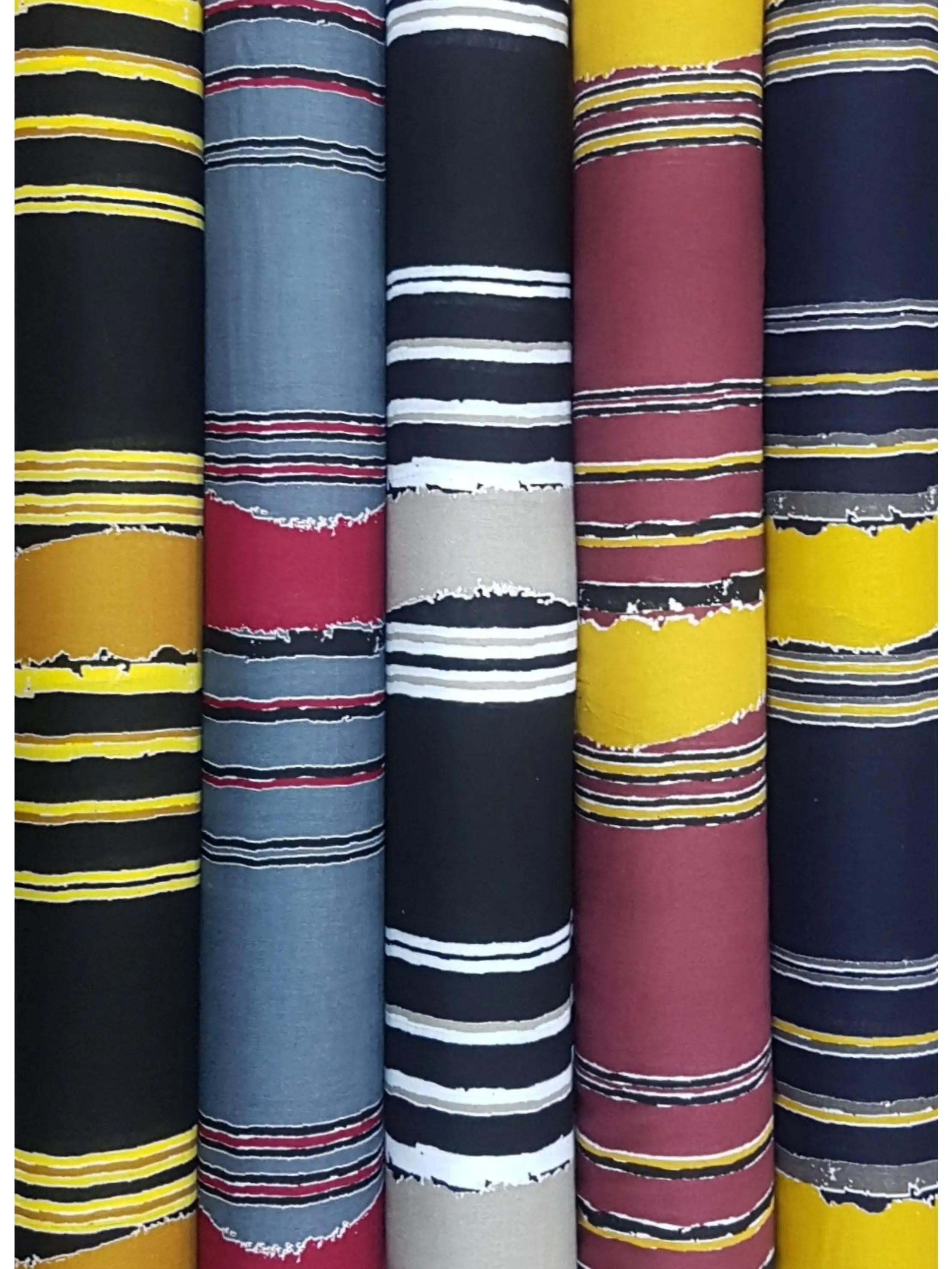 Stripes and Dots6 Collection, all colorways shown together. Horizontal bands of thick and thin stripes break into torn, painterly wave-edges that ripple across the width.