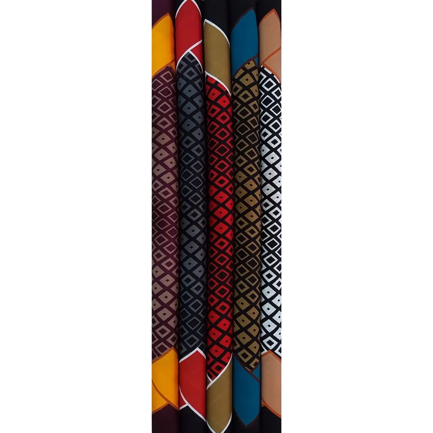 Geometric11 Collection, all colorways shown together. Rows of small concentric diamonds form a tight diagonal lattice, with broad curved color bands framing the design at top and bottom.