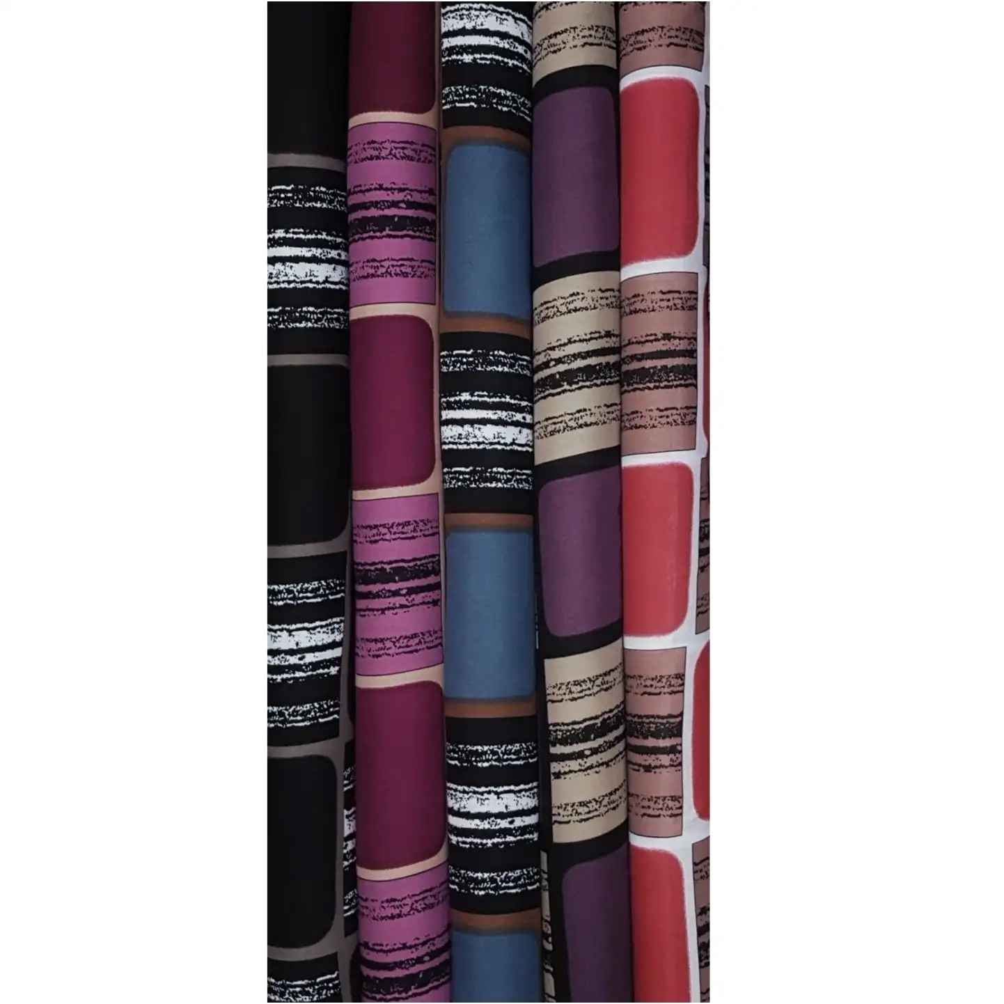 Geometric10 Collection, all colorways shown together. Stacked rounded rectangular blocks alternate with bands of distressed, chalky horizontal striping in a brick-like geometric layout.