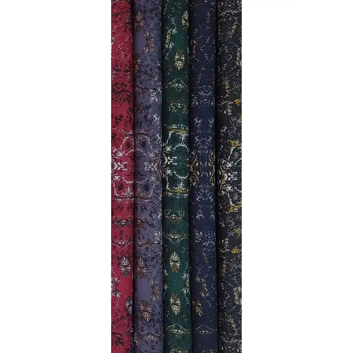 Geometric13 Collection, all colorways shown together. A worn, carpet-inspired ornamental medallion repeats vertically with mottled, distressed speckling across the cloth.
