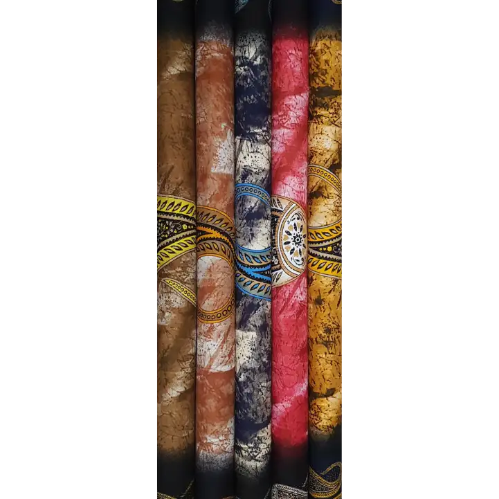 Geometric9 Collection, all colorways shown together. A bold ornamental medallion and braided rope border runs across a mottled tie-dye crushed ground.