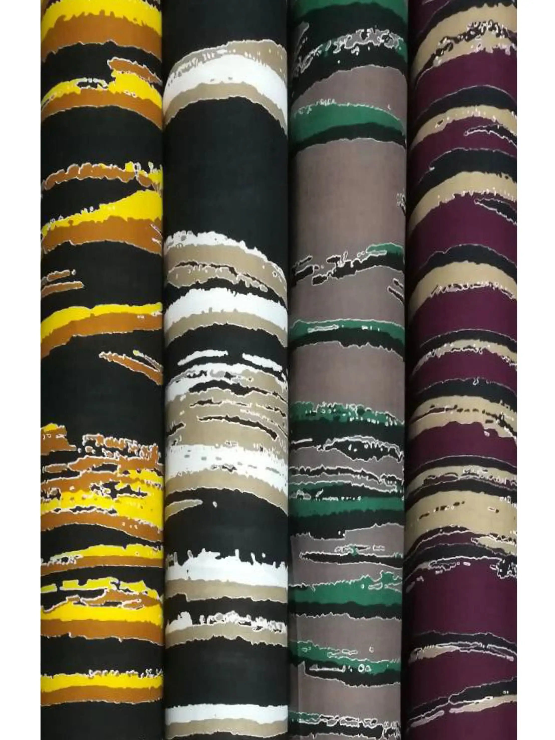 Stripes and Dots8 Collection, all colorways shown together. Torn horizontal bands ripple across the fabric like rough painted brushstrokes, edged with flecked, frayed outlines.