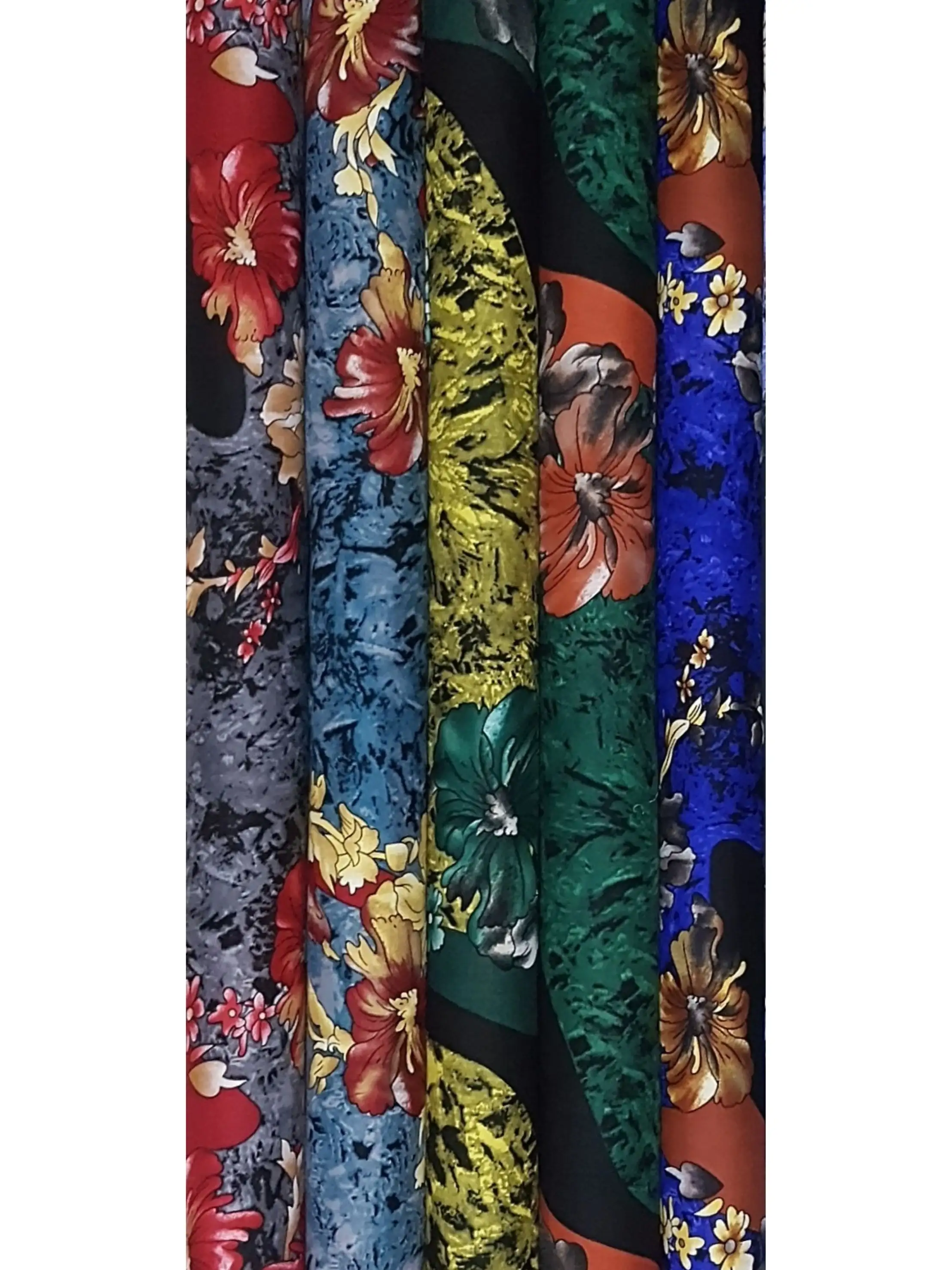 Floral19 Collection, all colorways shown together. Large tropical hibiscus blooms and slender leafy sprigs scatter across a mottled, marbled ground.