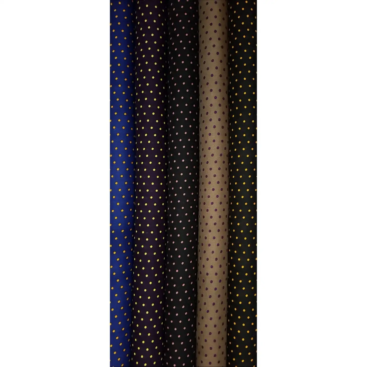 Stripes and Dots16 Collection, all colorways shown together. Small evenly spaced polka dots scattered in neat rows across solid grounds.
