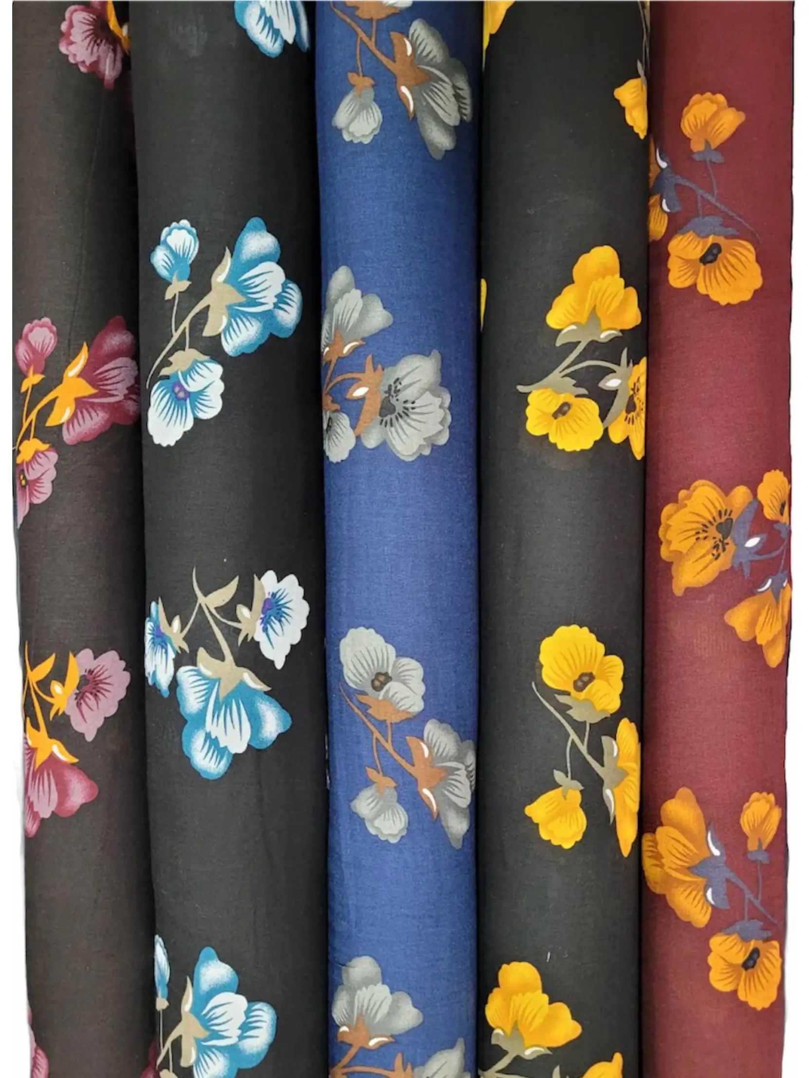 Floral12 Collection, all colorways shown together. Clusters of broad, open hibiscus-style blooms with curling petals scatter across slender leafy stems.