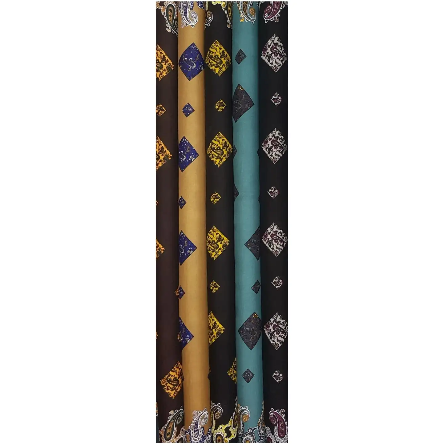 Geometric15 Collection, all colorways shown together. Ornate diamond medallions filled with paisley and floral detailing march in rows, framed by large scrolling paisley borders along the selvage edges.