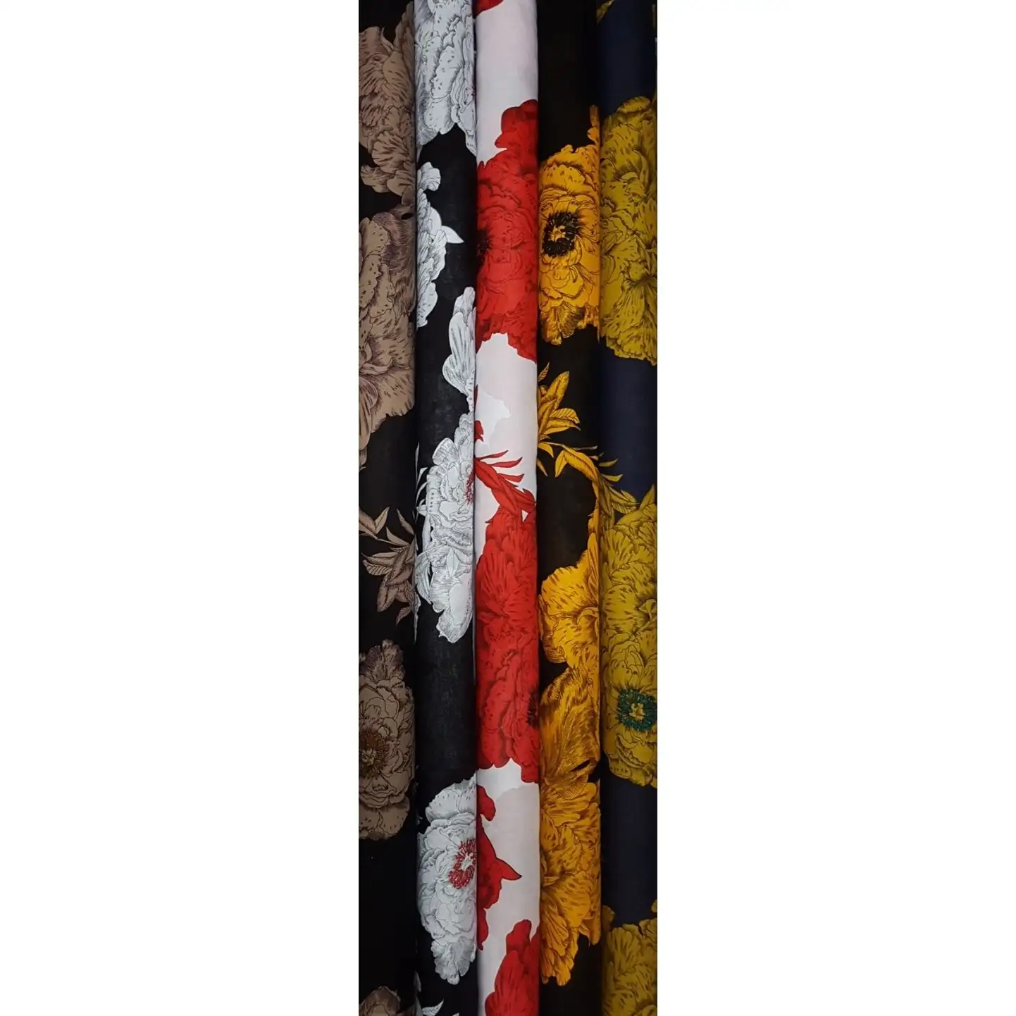 Floral23 Collection, all colorways shown together. Large, finely drawn peony and rose blooms cluster among leaves and buds in a dense, detailed botanical print.