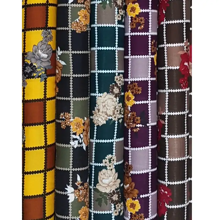 Floral7 Collection, all colorways shown together. A windowpane grid of fine intersecting lines is scattered with dense clusters of realistic blossoms and small leaves.