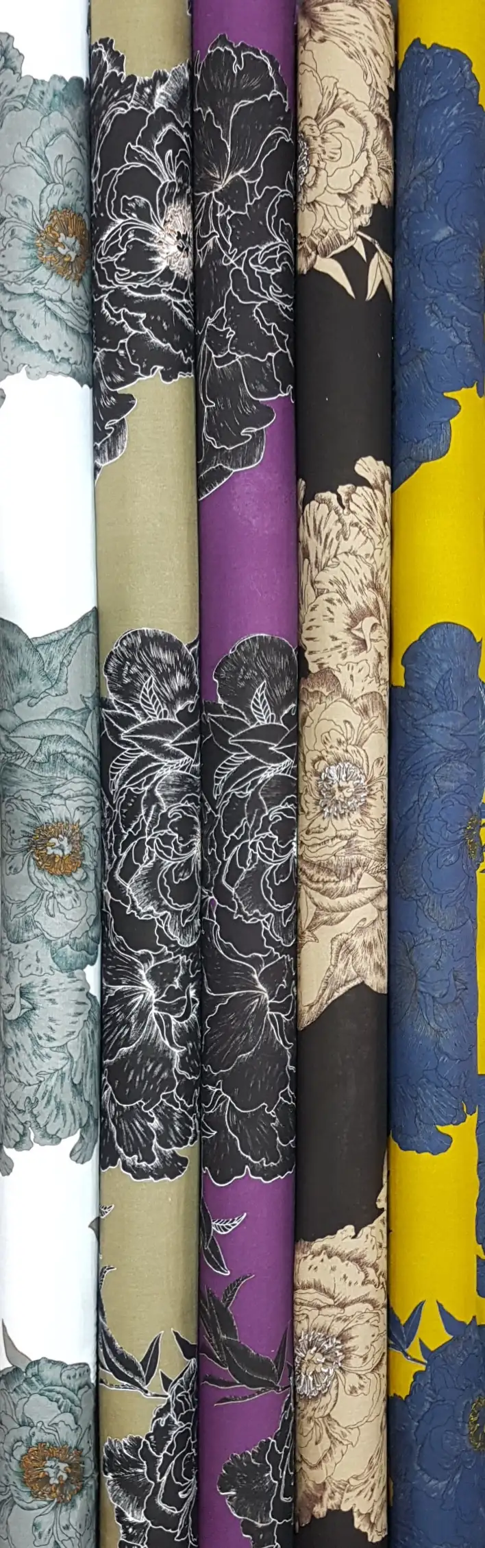 Floral24 Collection, all colorways shown together. Oversized peony blooms and curling leaves spread in a dense, hand-drawn floral pattern.