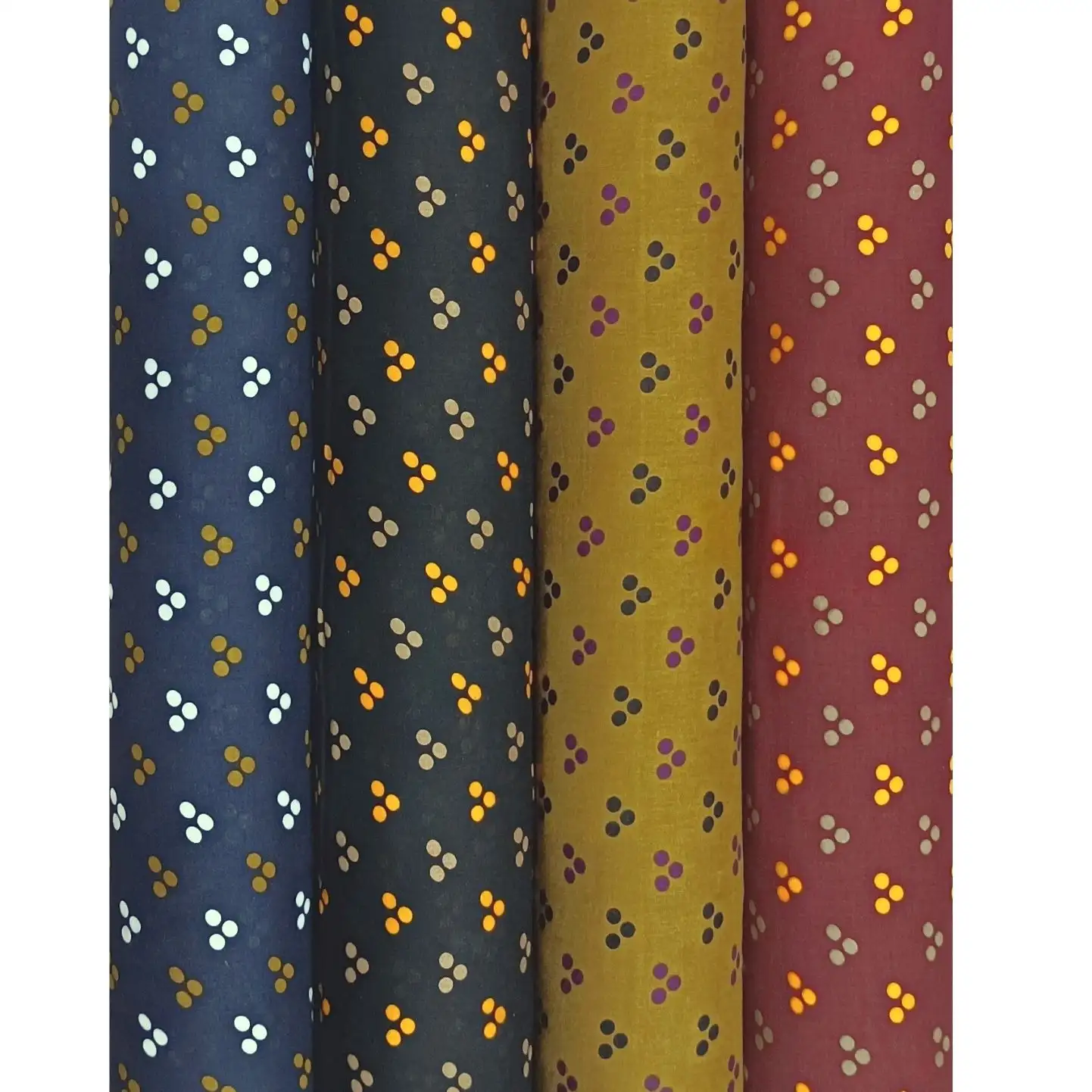 Stripes and Dots2 Collection, all colorways shown together. Tight clusters of three small dots form a repeating polka-dot trefoil scattered in neat diagonal rows.