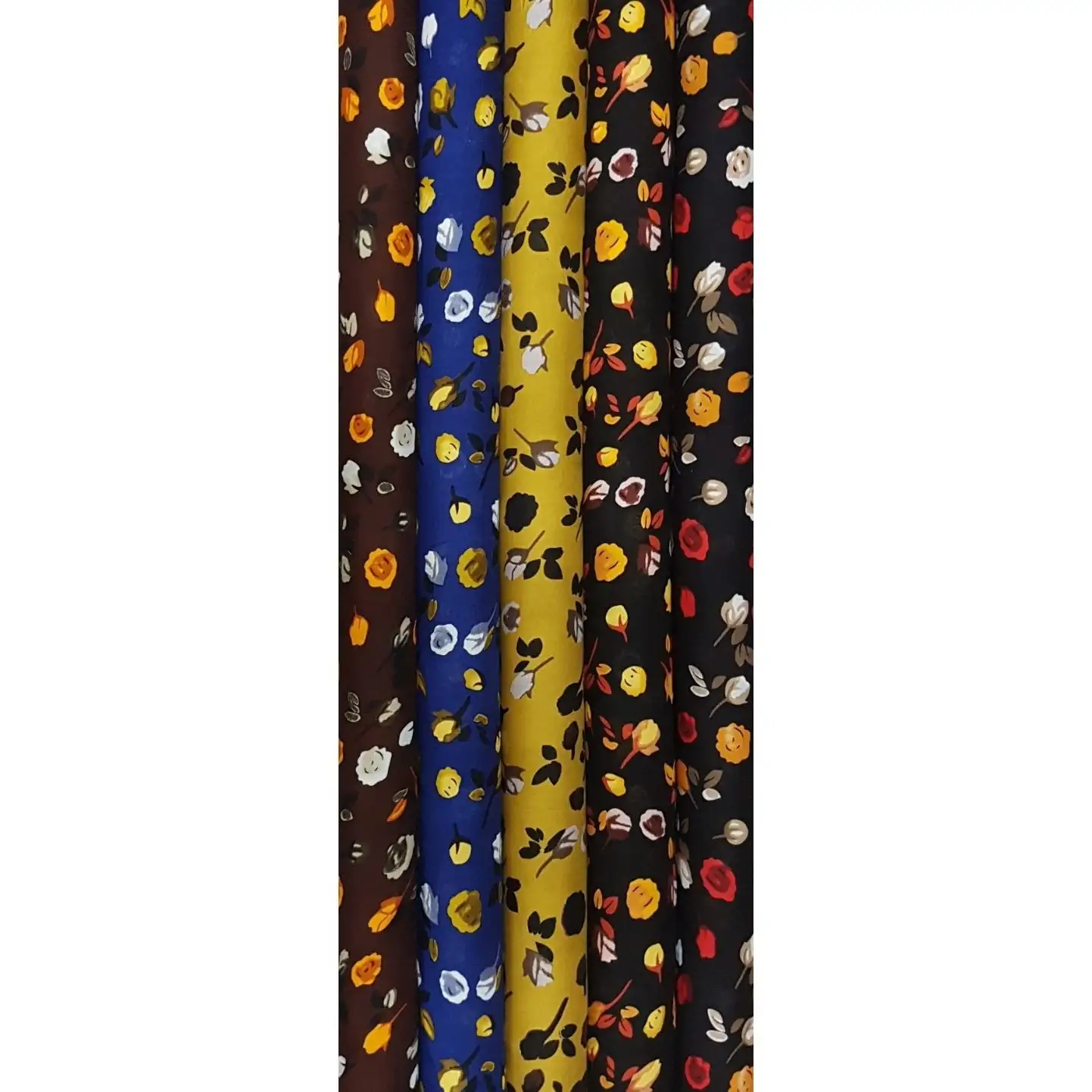 Floral18 Collection, all colorways shown together. Small scattered roses and rosebuds drift among tiny leaves and stems in an allover tossed floral.