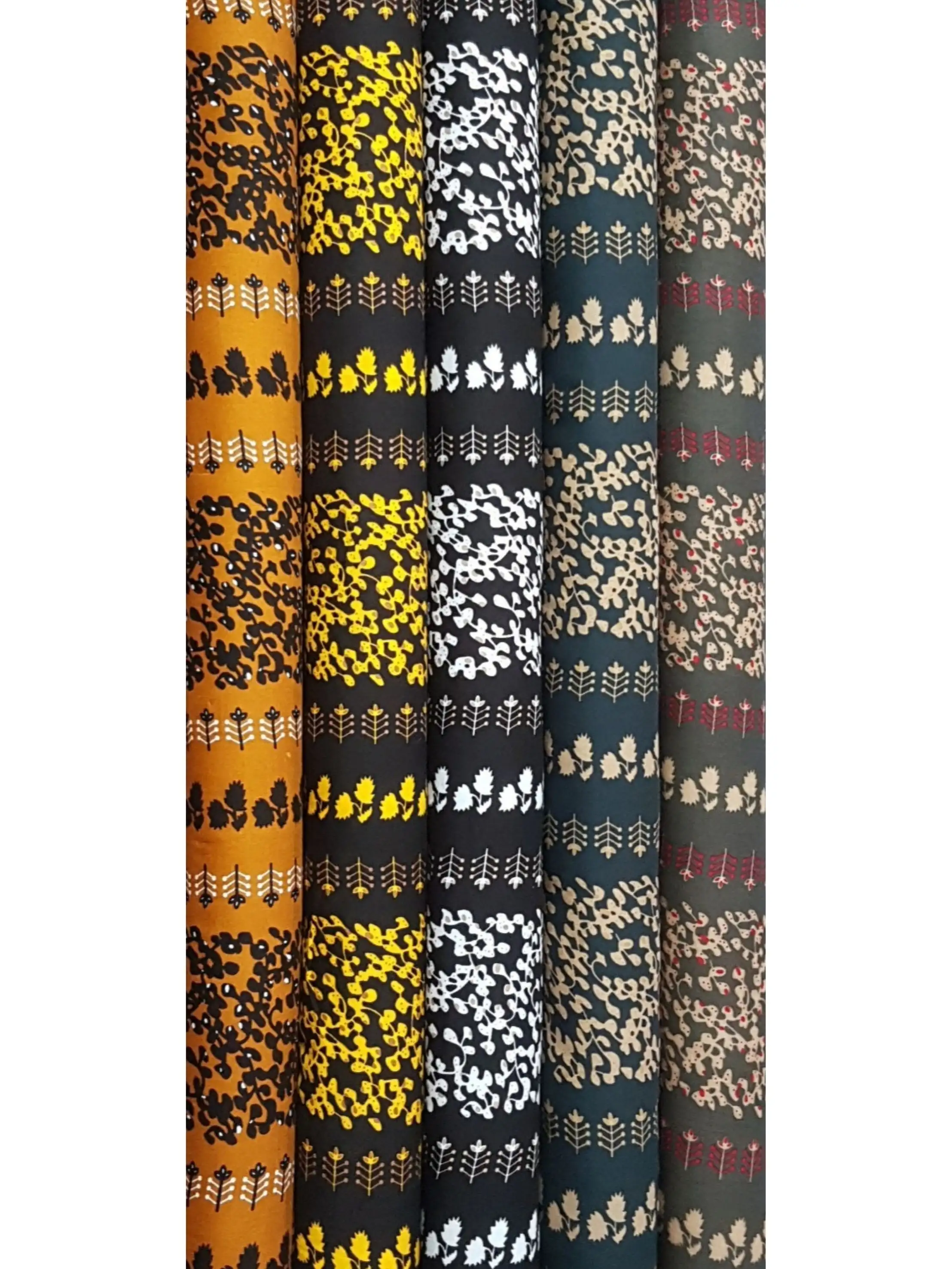Floral15 Collection, all colorways shown together. Horizontal bands alternate scattered leafy sprigs and berries with neat rows of small upright potted plant and leaf motifs.