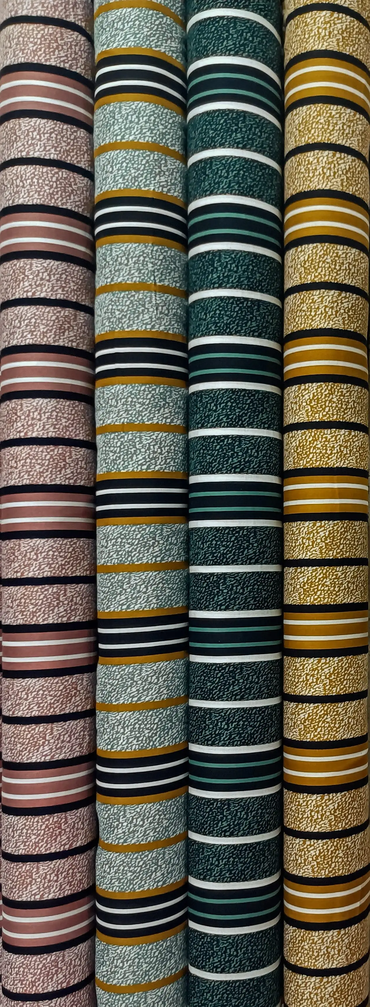 Stripes and Dots19 Collection, all colorways shown together. Horizontal banded stripes pair thin tram-lines with bold double bars over a finely speckled ground.