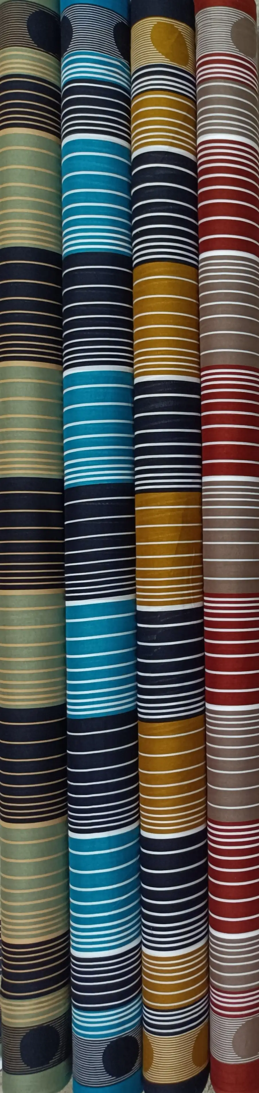 Stripes and Dots5 Collection, all colorways shown together. Horizontal bands of varied-width stripes alternate with rows of evenly spaced dots and thin pinstripes.