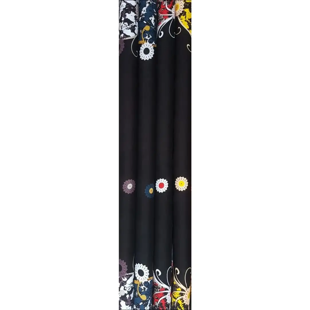 Floral21 Collection, all colorways shown together. Layered daisy and gerbera blooms sit on a deep black ground, paired with swirling scroll vines and a paint-splatter border.