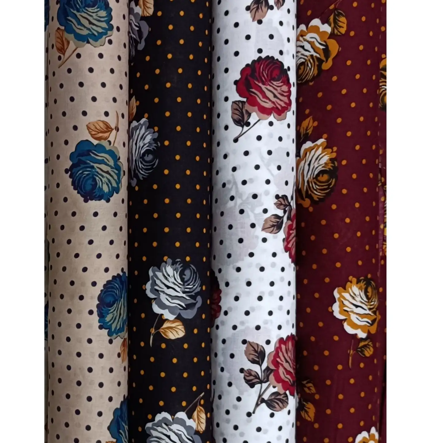 Floral4 Collection, all colorways shown together. A single full-blown rose with leafy stems repeats across an evenly spaced polka-dot ground.