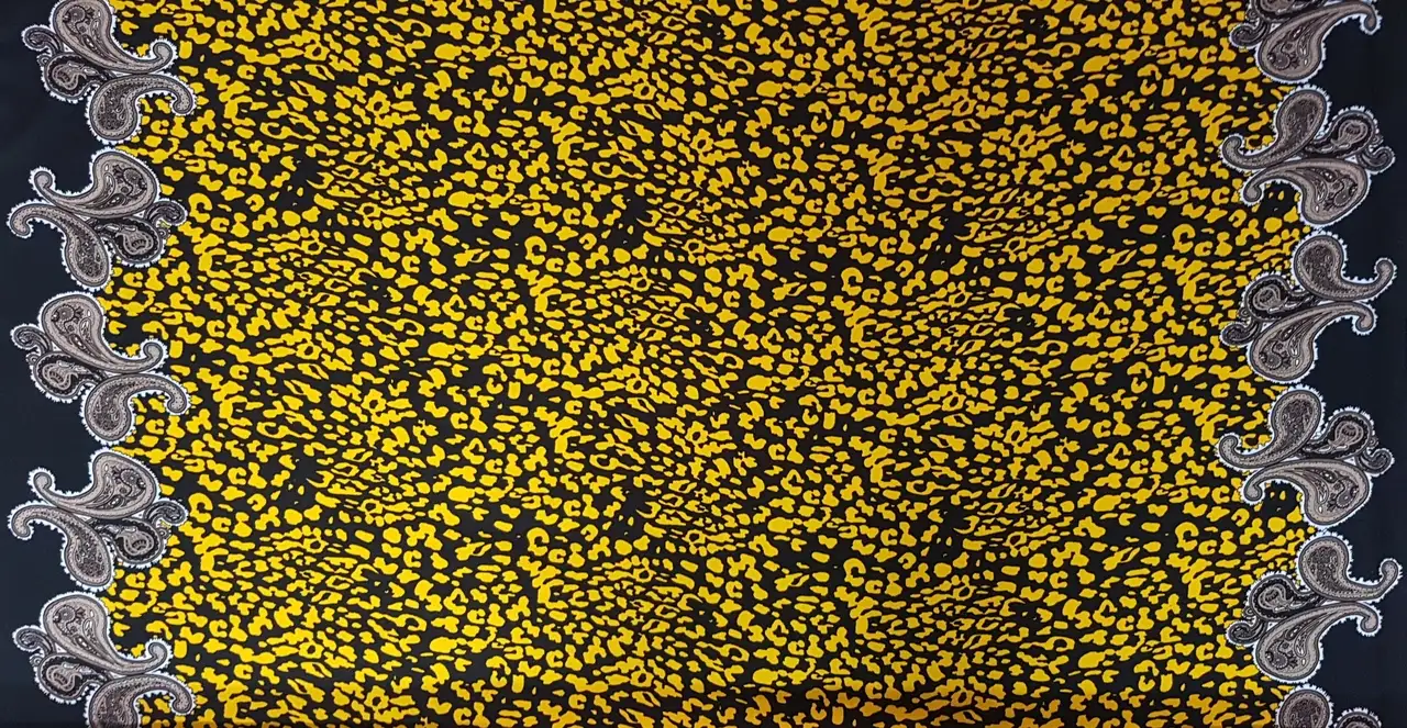 Stripes and Dots12 Collection in Beige Paisley Motif. Black ground scattered with soft beige and cream leopard spots, finished with paisley borders.