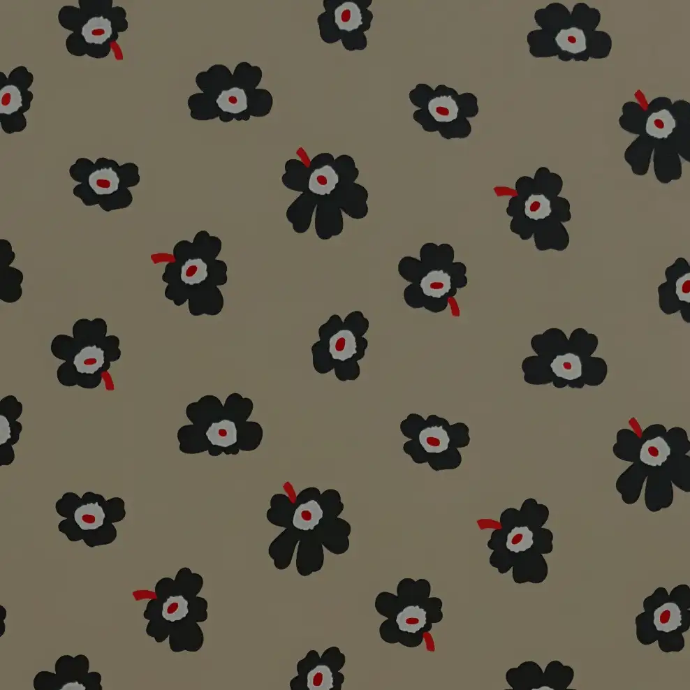 Floral6 Collection in Beige. Soft taupe-beige ground carries large navy and black flowers with white and brown centers.