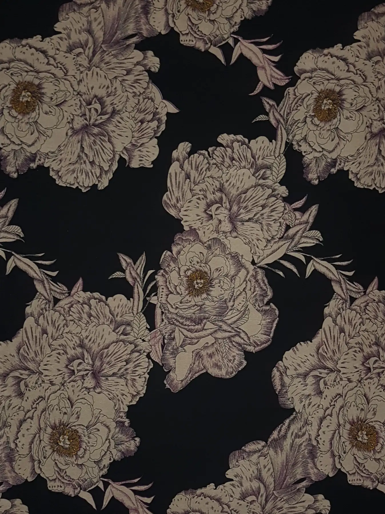Floral23 Collection in Beige. Charcoal-black ground with oversized peonies sketched in tan and soft brown line-work.