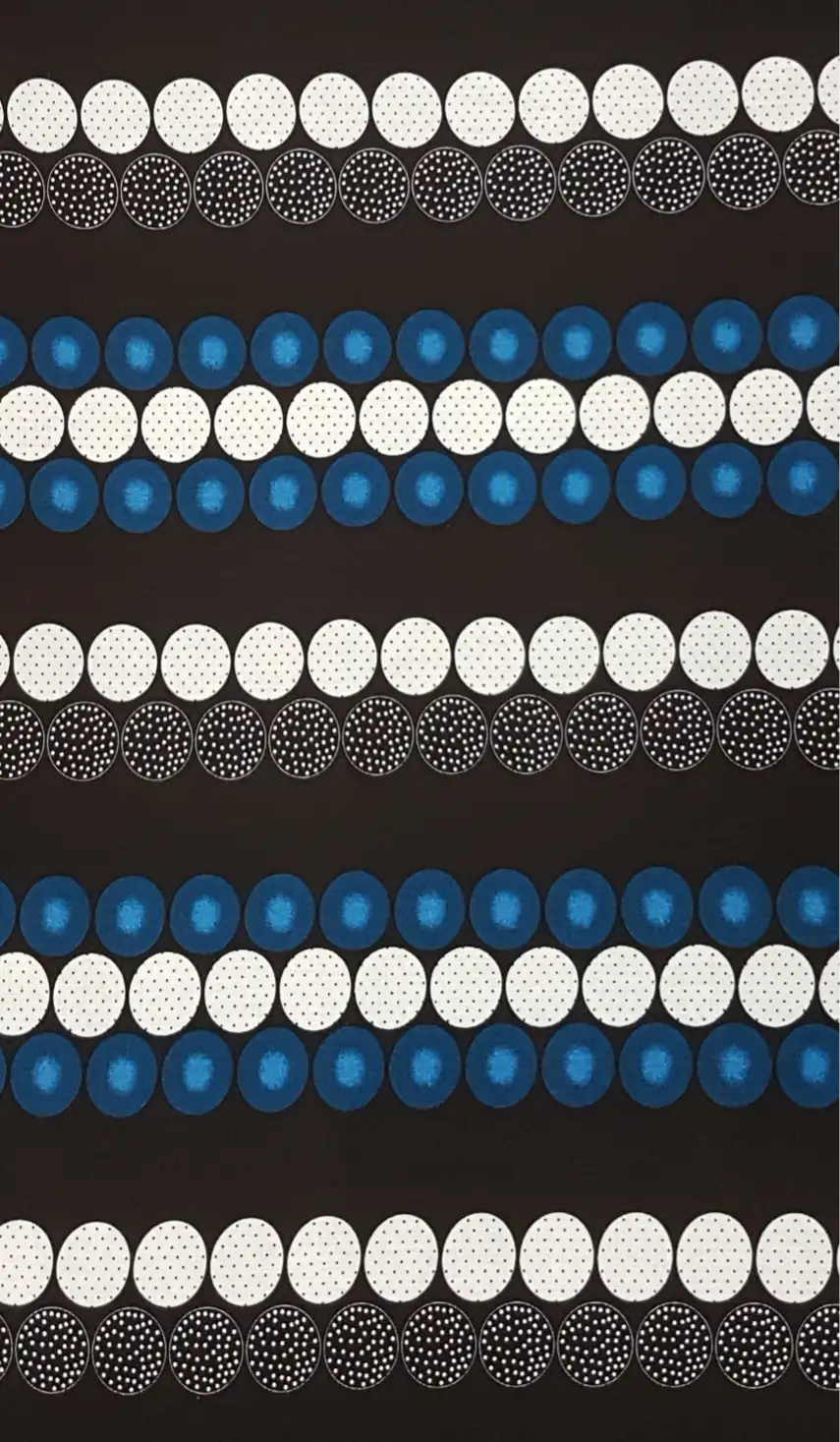 Stripes and Dots14 Collection in Black Blue. Black ground with rows of white and steel-blue glossy dots over speckled bands.