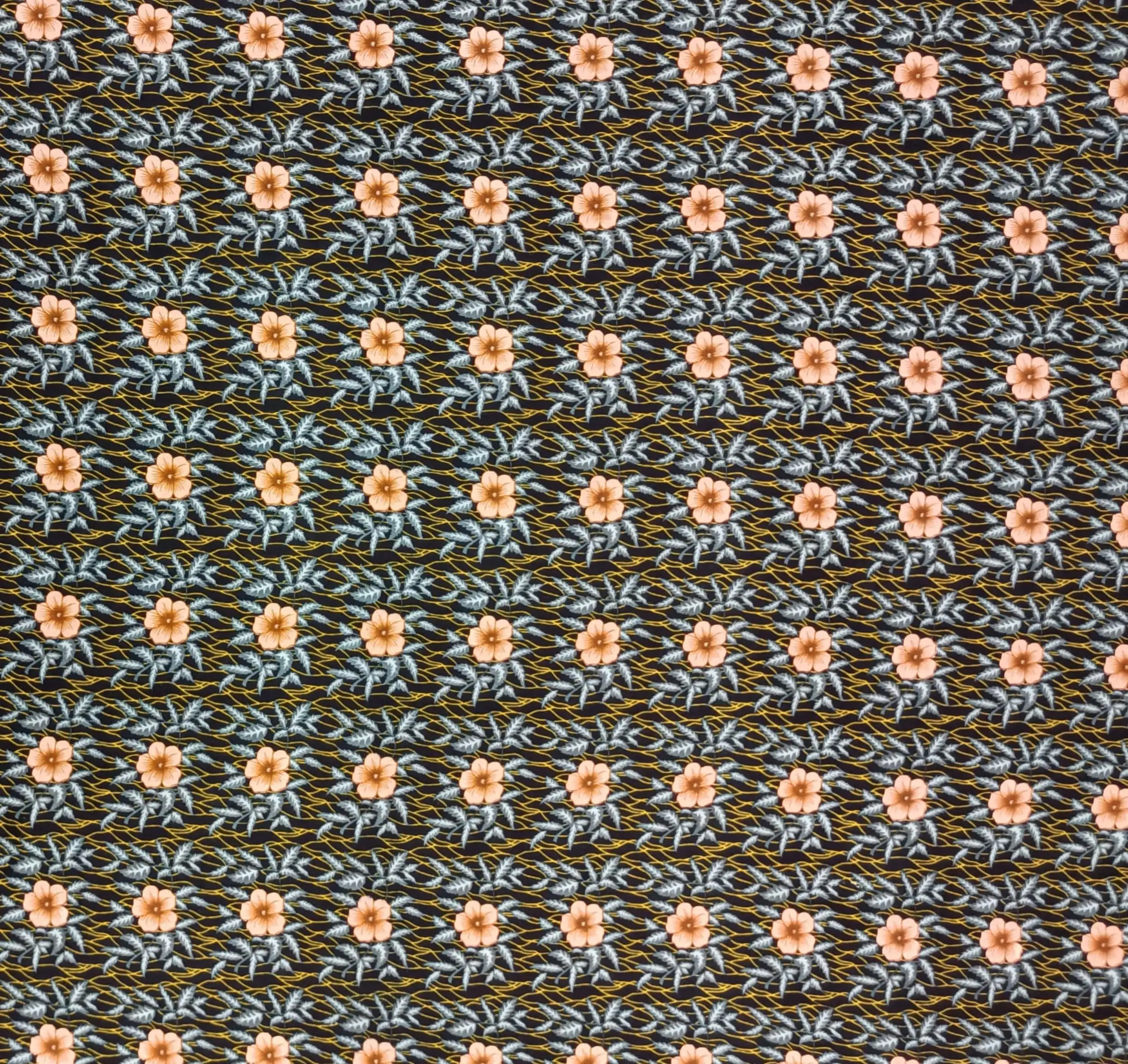 Floral3 Collection in Black Cream. Charcoal-black ground with cream and peach blossoms set among dusty teal-blue leaves.