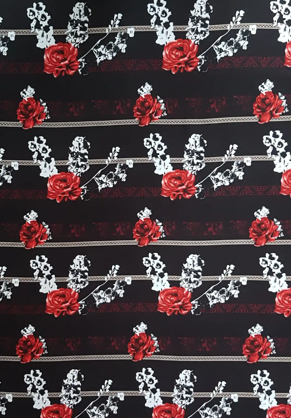 Floral20 Collection in Black Red Flowers. Black ground with dark red scrollwork stripes and grey-white flower clusters trailing leafy sprigs.