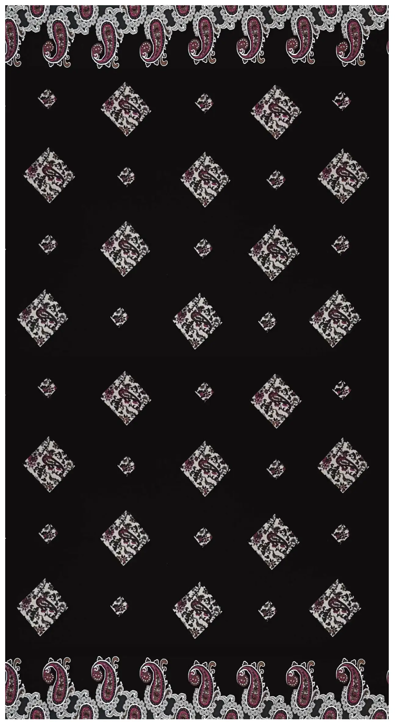 Geometric15 Collection in Black White. Black ground with white and silvery-grey diamond medallions accented by deep magenta paisley swirls.