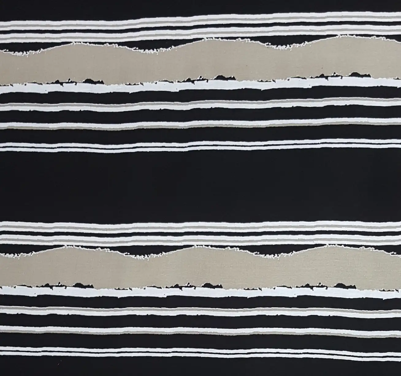 Stripes and Dots6 Collection in Black White. Black ground layered with crisp white pinstripes and ragged grey-flecked wave edges between the bands.