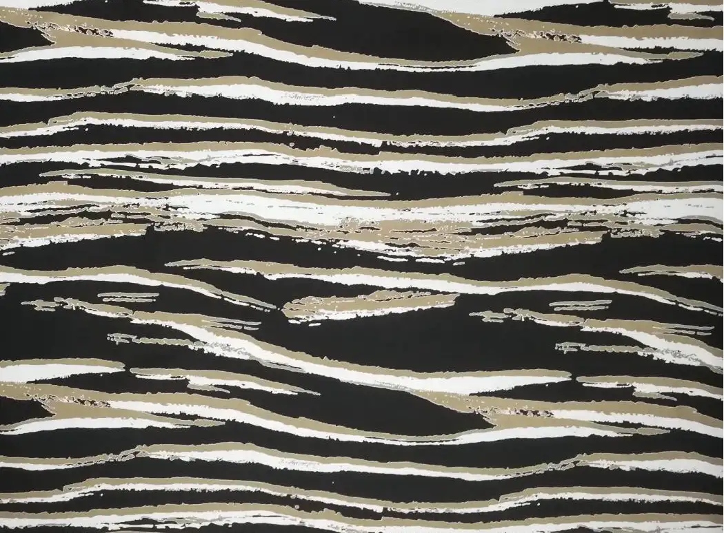 Stripes and Dots8 Collection in Black White. Black ground crossed by ragged bands of yellow, golden ochre, rust, and cream brushwork.