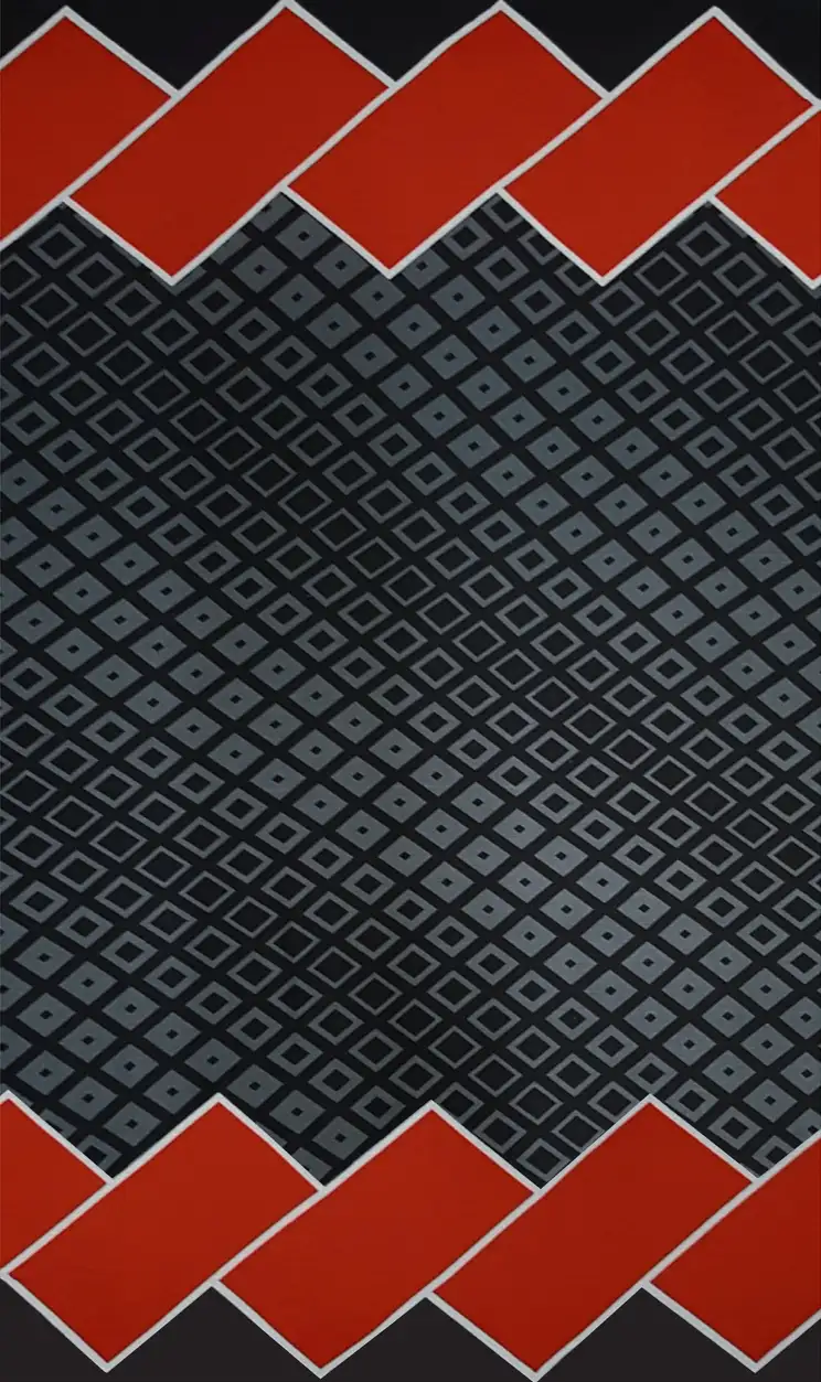 Geometric11 Collection in Black. Black ground with a crisp white diamond grid and tiny black center dots, framed by teal and tan bands.