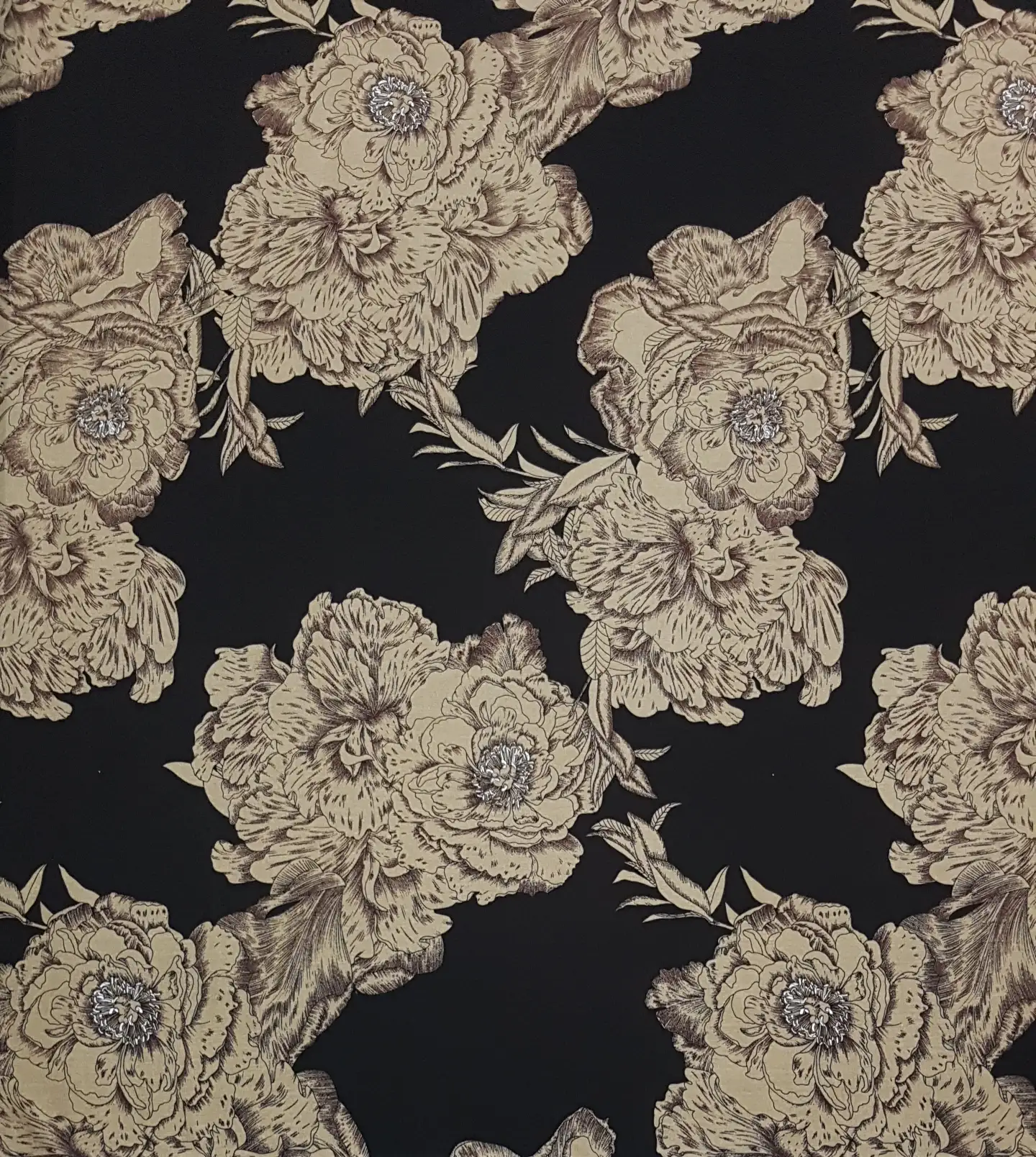 Floral24 Collection in Black. Olive-khaki ground with bold black peonies and leaves outlined in fine white linework.