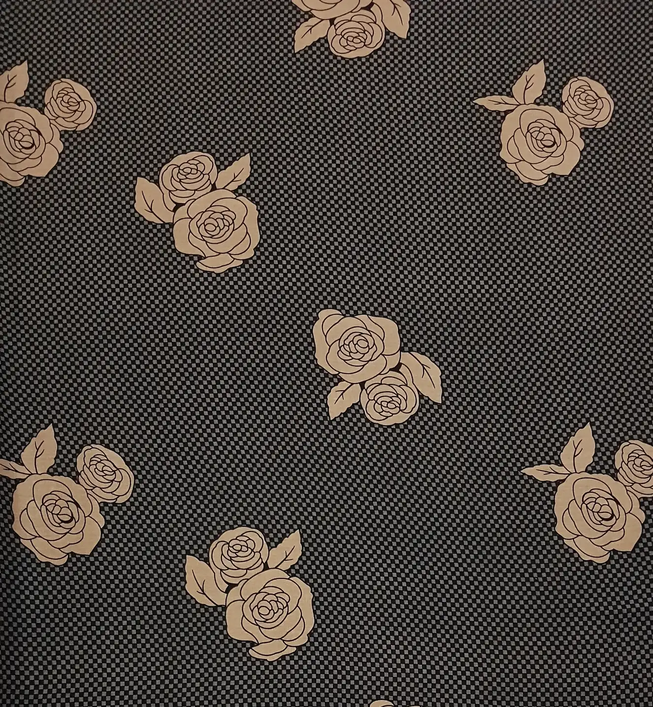 Floral13 Collection in Black. Rust-orange dotted ground with black silhouette roses outlined and veined in fine gold.
