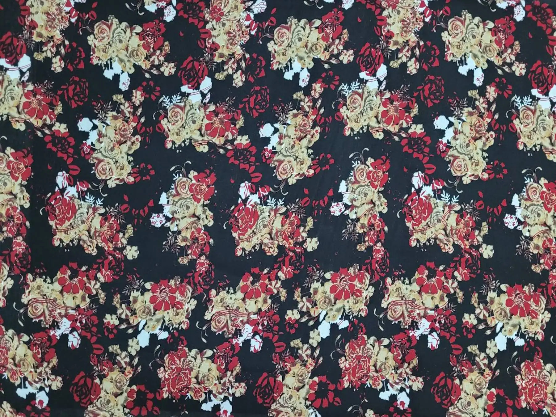 Floral10 Collection in Black. Black ground with golden-yellow roses and pale cream buds woven through dark foliage.