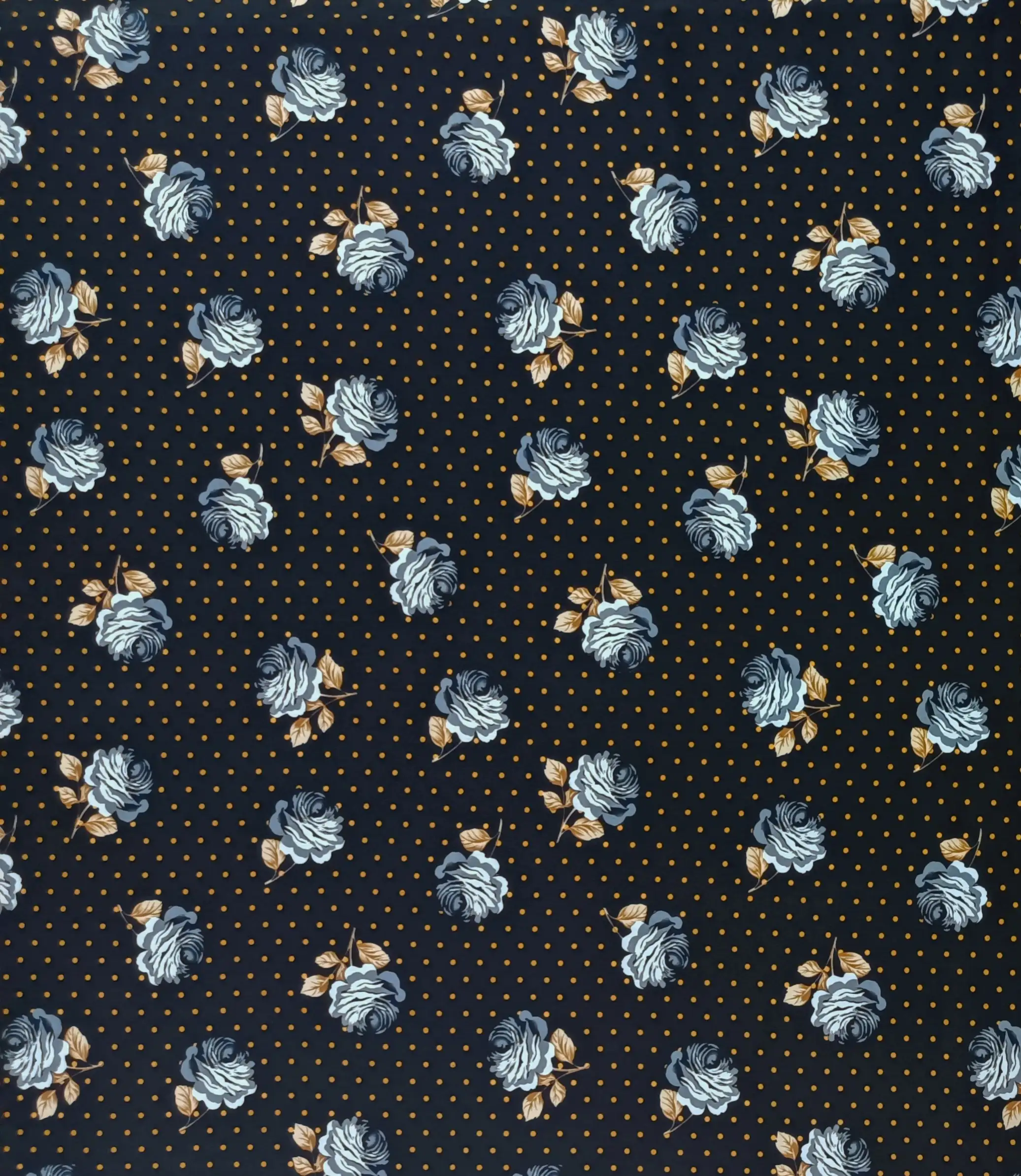 Floral4 Collection in Black. Black ground dotted in amber, with steel-blue and grey roses and tan leaves.