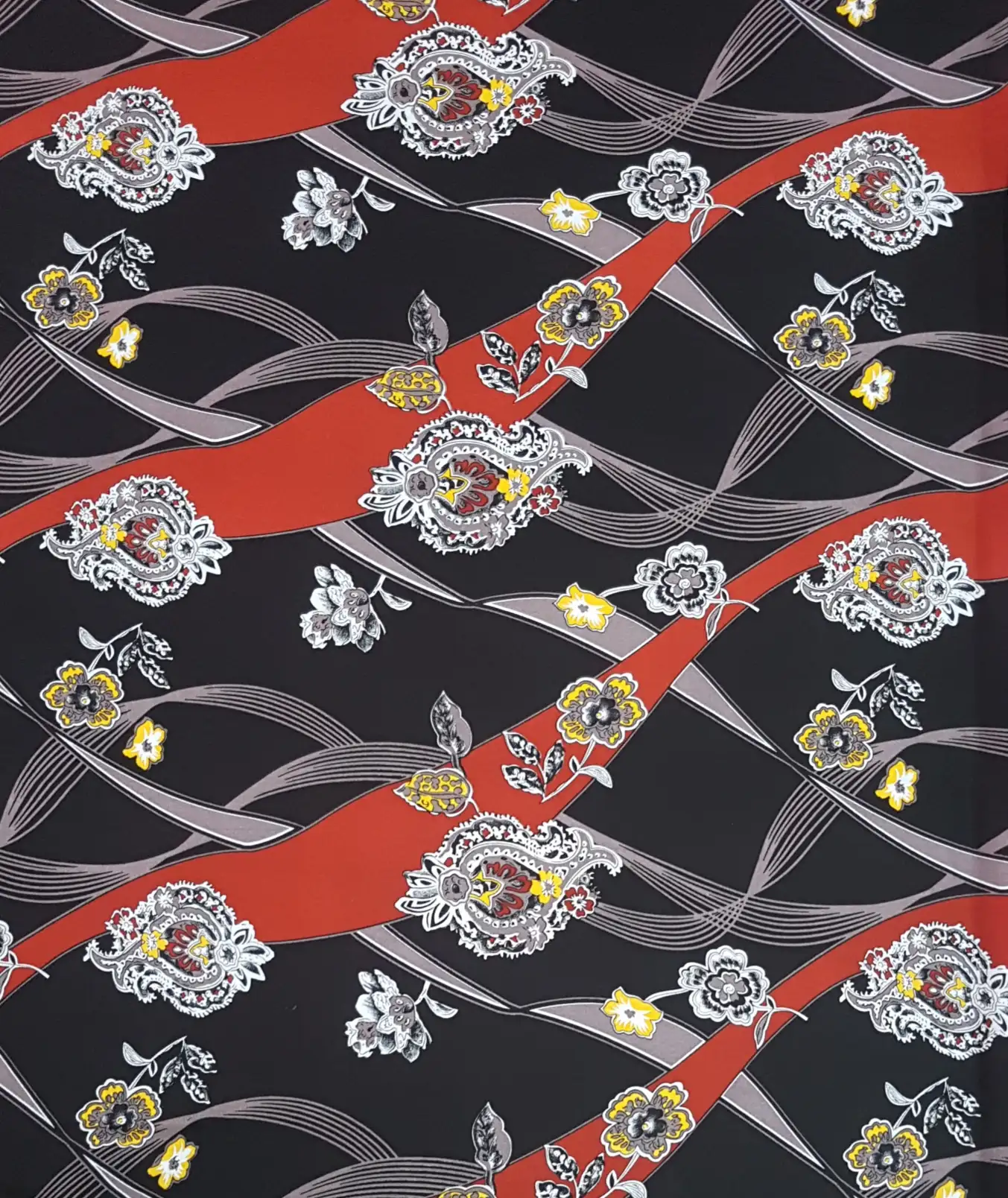 Floral22 Collection in Black. Black ground carries cream and pink rose clusters with olive and grey-green foliage.
