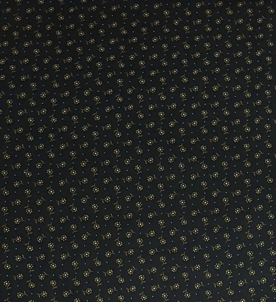 Floral5 Collection in Black. Black ground with mustard-gold flowers and small olive sprigs spaced in tidy rows.