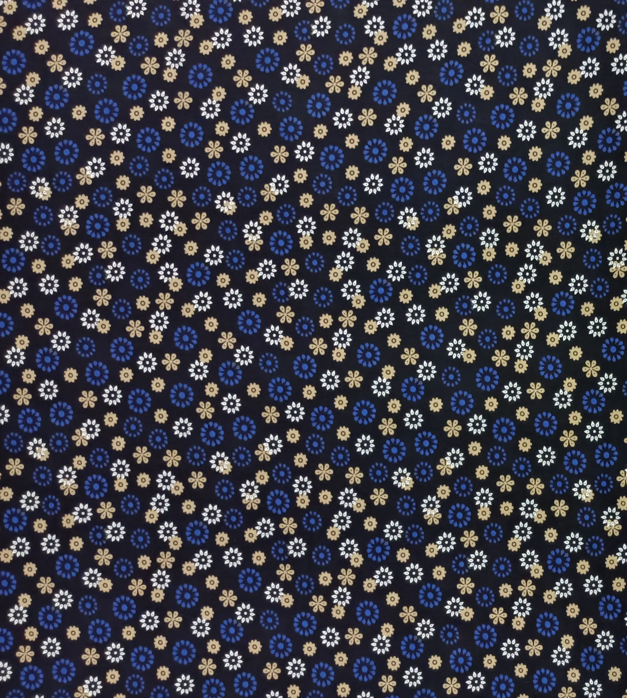 Floral2 Collection in Blue. Deep navy-black ground with royal blue daisies plus tan, grey, and cream starburst blooms.