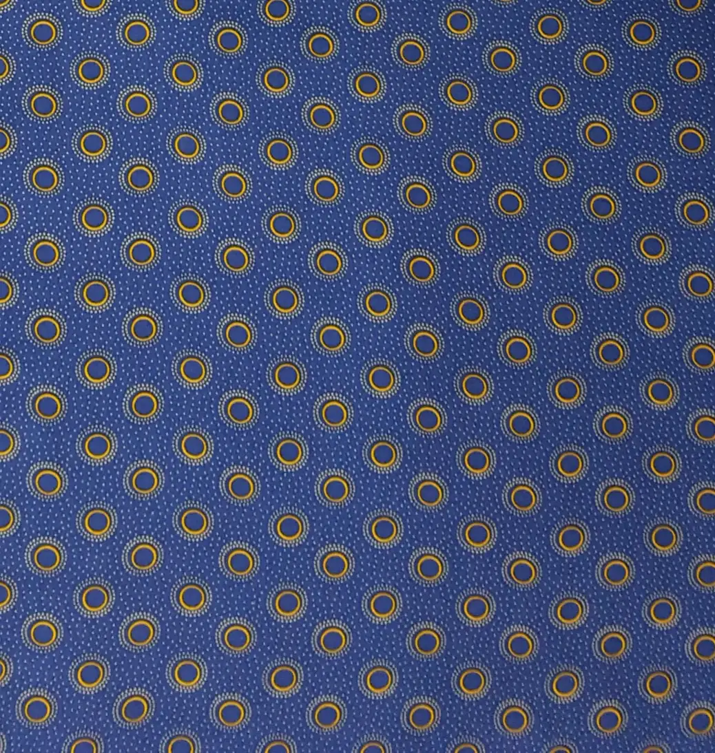 Stripes and Dots18 Collection in Blue. Vivid royal blue ground with black ringed dots and pale tan-blue circle outlines.