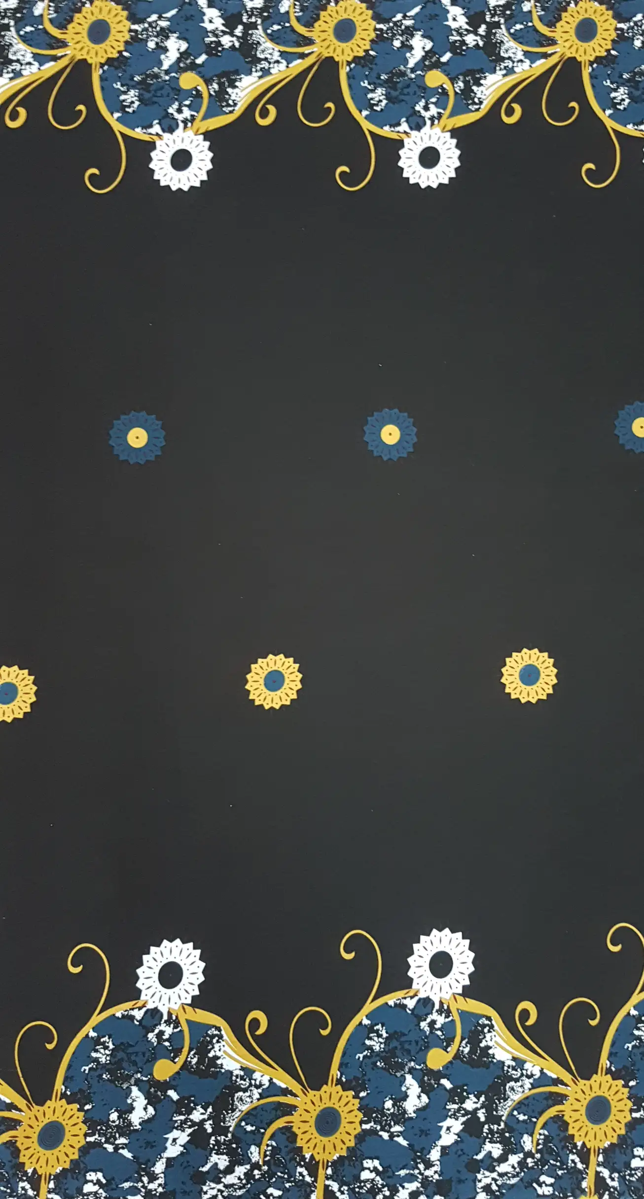 Floral21 Collection in Blue. Black ground with a steel-blue and white splatter band and a small navy-centered daisy accent.