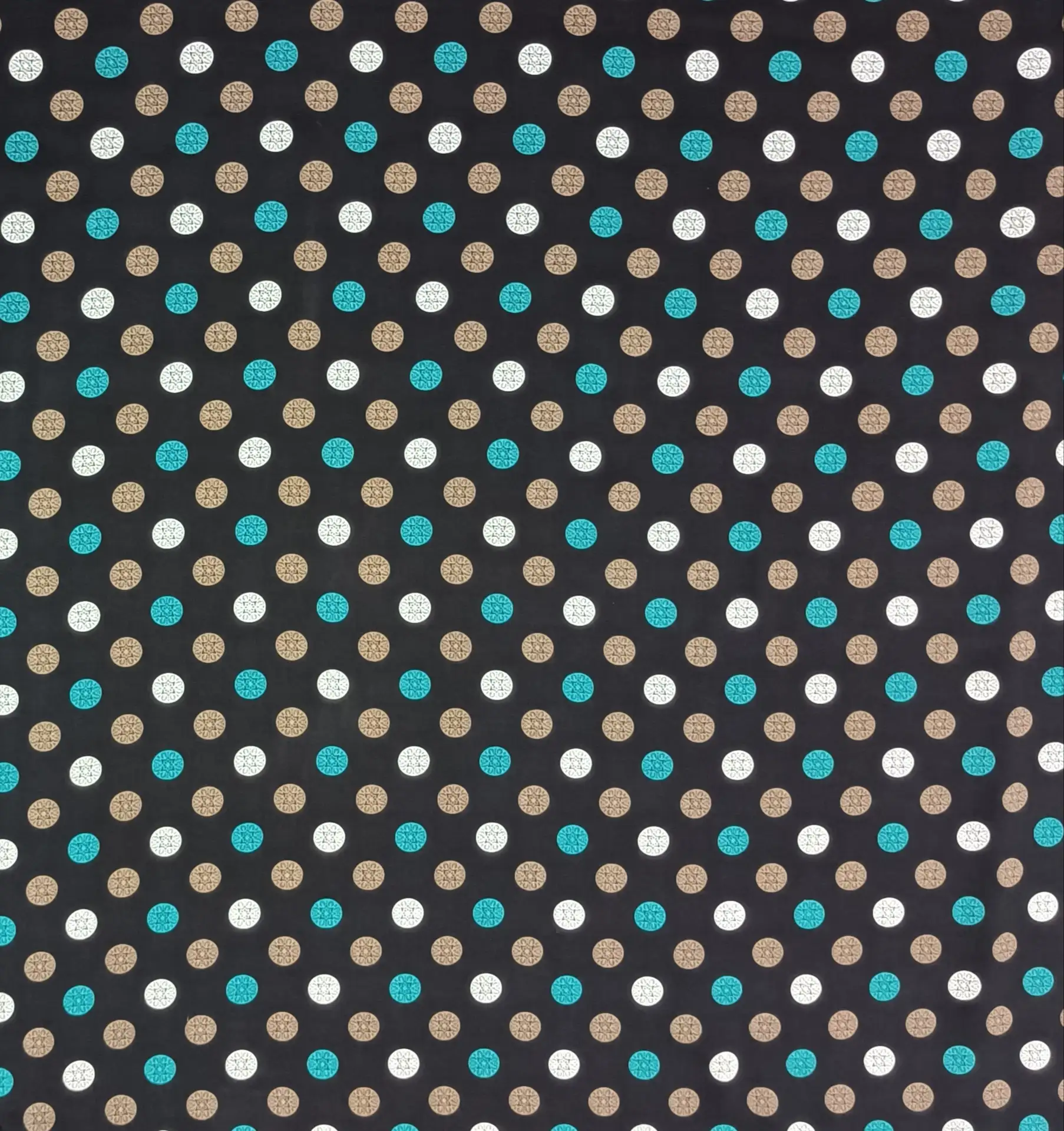 Stripes and Dots3 Collection in Blue. Black ground scattered with teal-blue, cream, and tan dots, several patterned with starbursts.