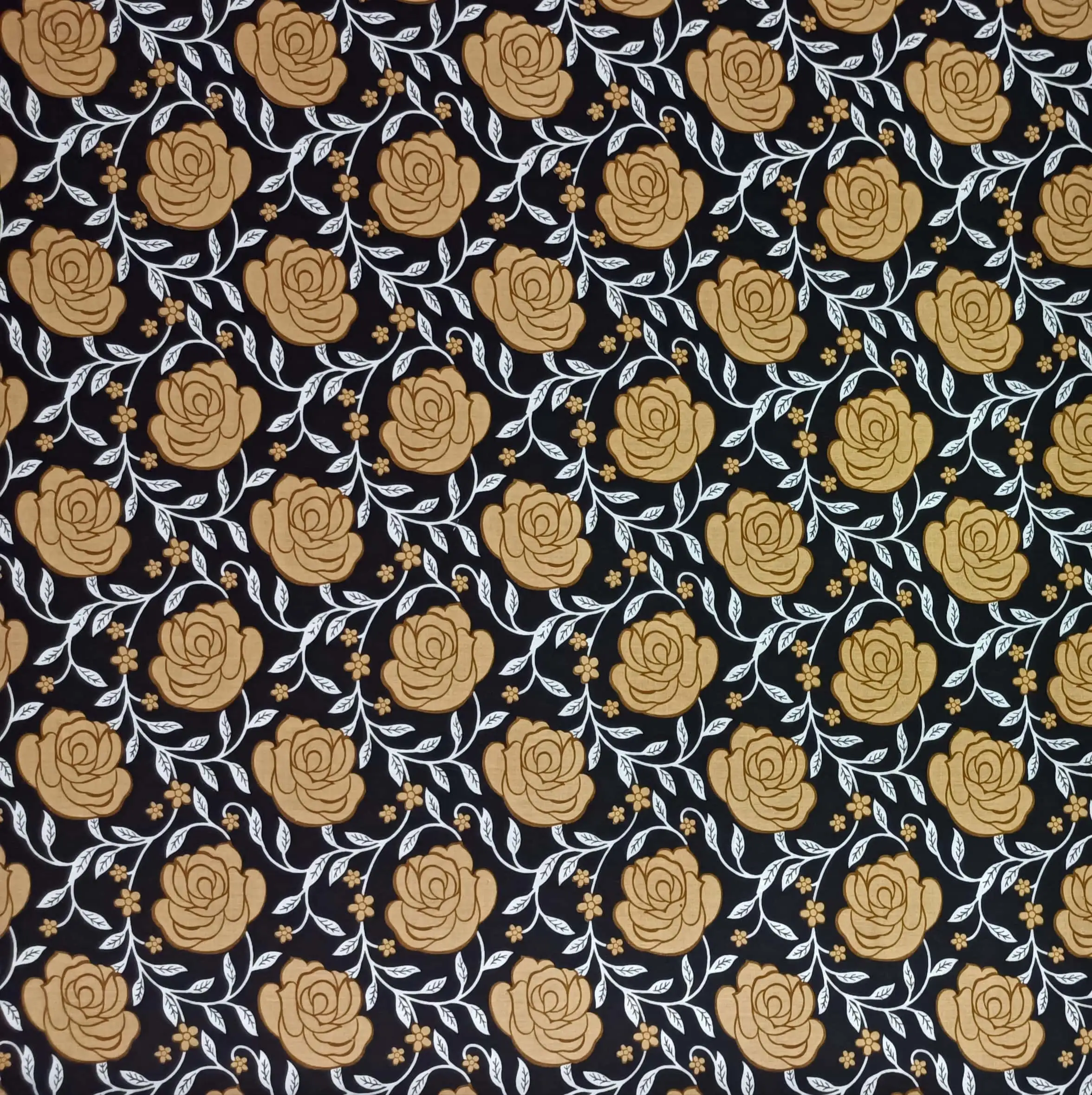 Floral1 Collection in Cream. Ivory cream ground with olive-green roses and golden vines woven through soft green leaves.
