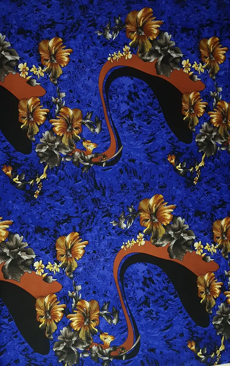 Floral19 Collection in Dark Blue. Deep blue mottled ground with golden-yellow hibiscus and small grey-petaled flowers.