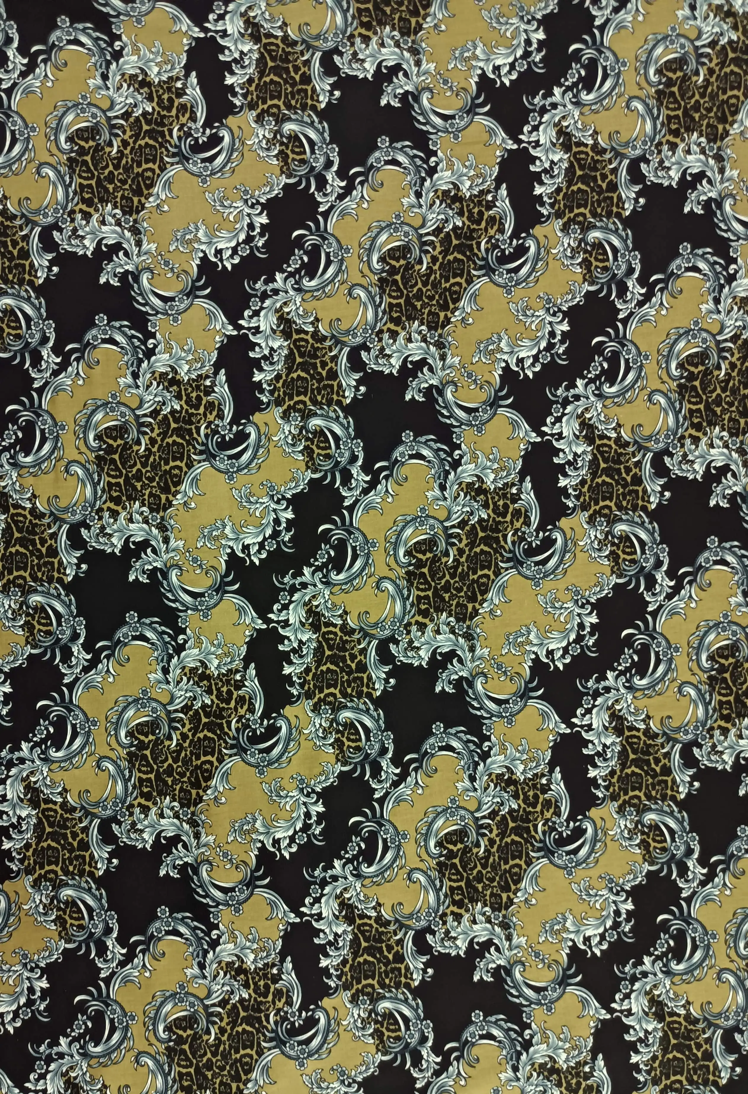 Geometric2 Collection in Green. Olive-green ground with golden-yellow baroque scrolls and faint leopard spotting throughout.
