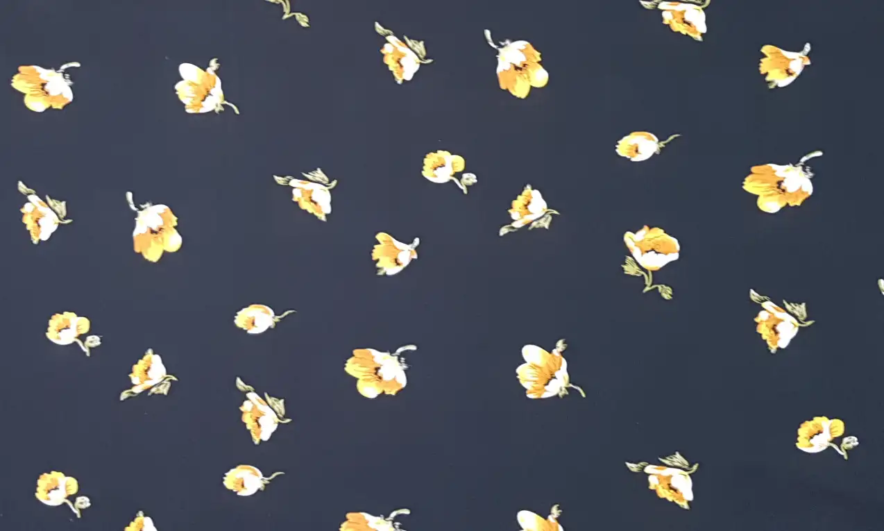 Floral17 Collection in Black Orange. Deep charcoal-black ground carrying cream, mustard, and amber-orange blooms with green leaves.