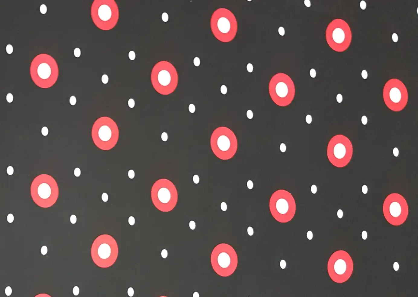 Stripes and Dots9 Collection in Black Red. Deep black ground dotted with red-rimmed circles, gold bubbles, and tiny white flecks.