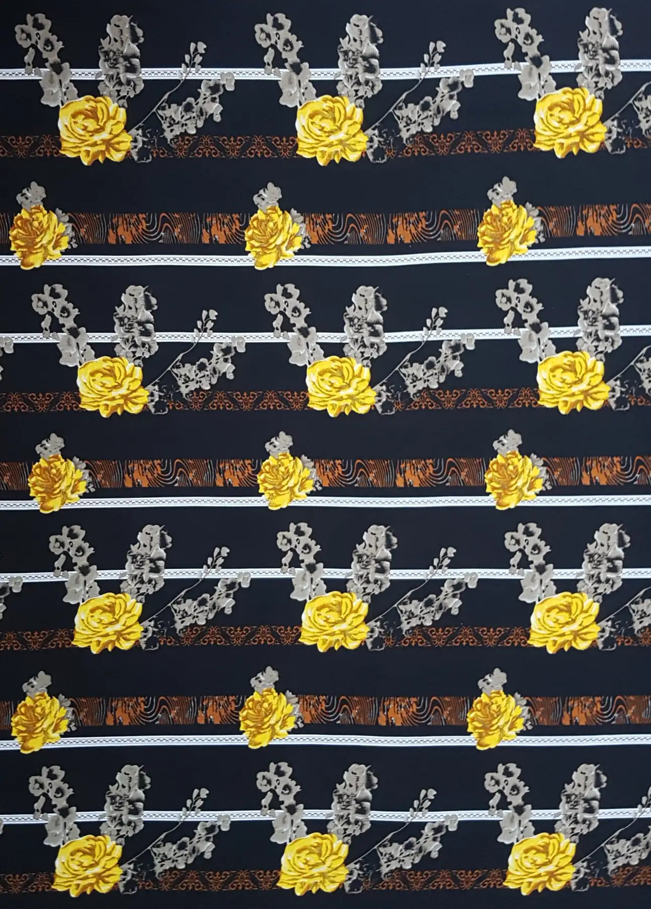 Floral20 Collection in Black Yellow Flowers. Deep blue-black ground carries golden yellow roses and pale cream blossoms between dark banded stripes.